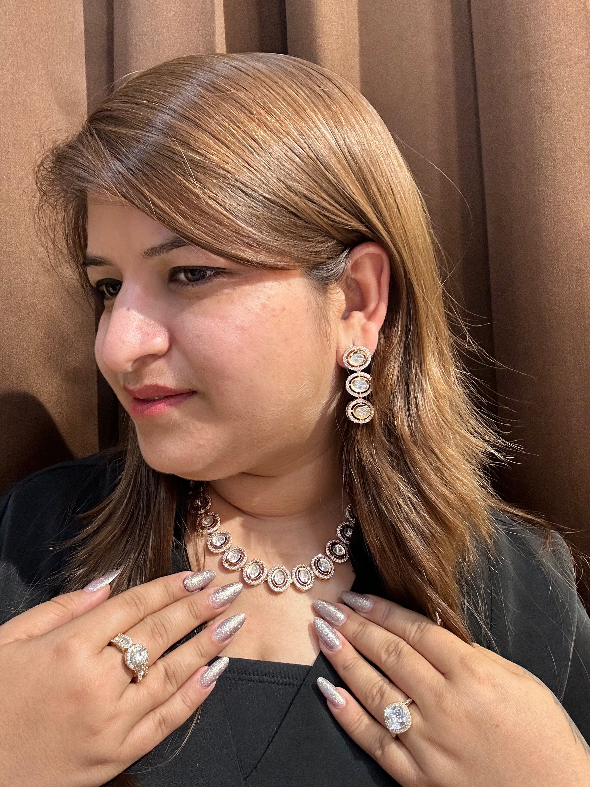 Nails & ring styled with moissanite necklace