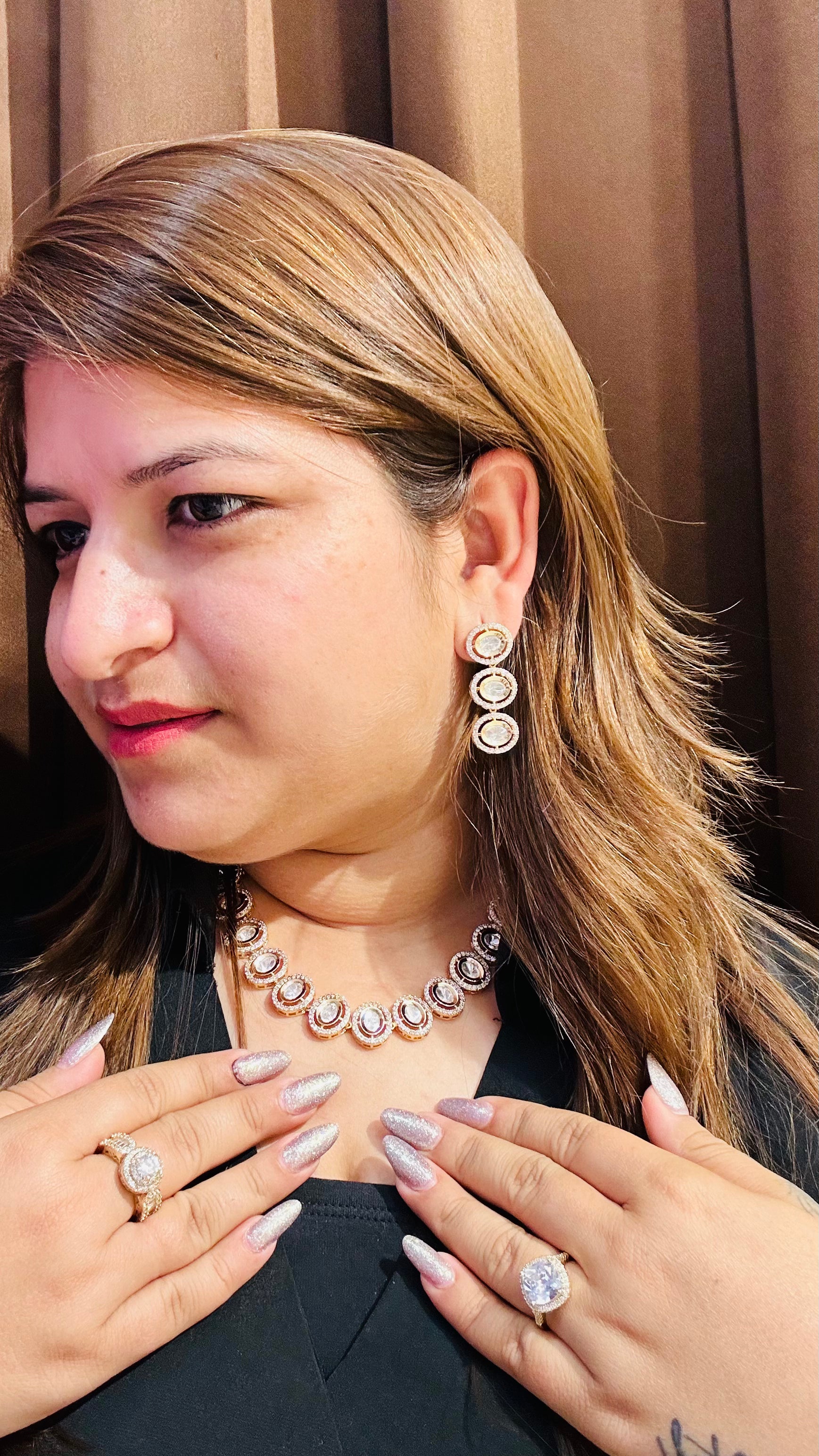 Halo drop earrings & necklace rose gold closeup