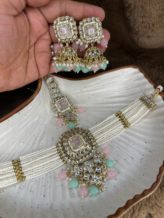 Hey Bae Pastel Pink & Mint Kundan Pearl Choker Set with Maang Tikka & Earrings – Handcrafted Ethnic Gold Plated Multicolor Jewelry