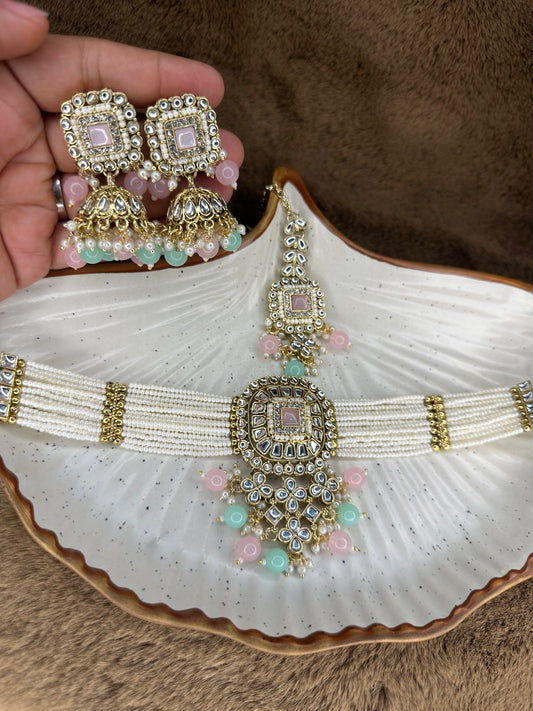 Hey Bae Pastel Pink & Mint Kundan Pearl Choker Set with Maang Tikka & Earrings – Handcrafted Ethnic Gold Plated Multicolor Jewelry