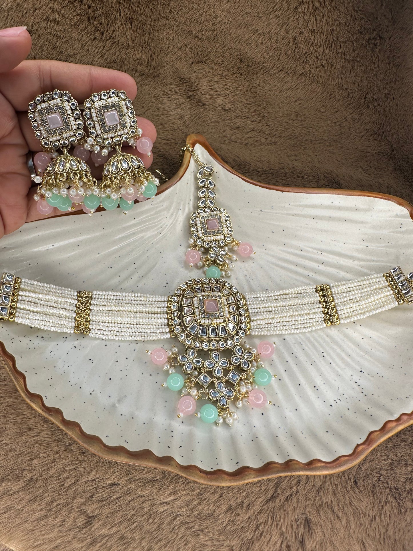 Hey Bae Pastel Pink & Mint Kundan Pearl Choker Set with Maang Tikka & Earrings – Handcrafted Ethnic Gold Plated Multicolor Jewelry