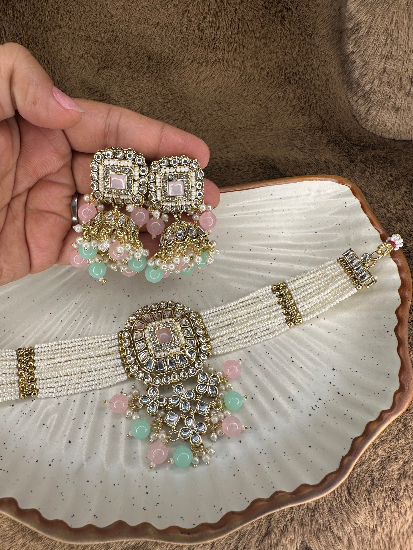Hey Bae Pastel Pink & Mint Kundan Pearl Choker Set with Maang Tikka & Earrings – Handcrafted Ethnic Gold Plated Multicolor Jewelry