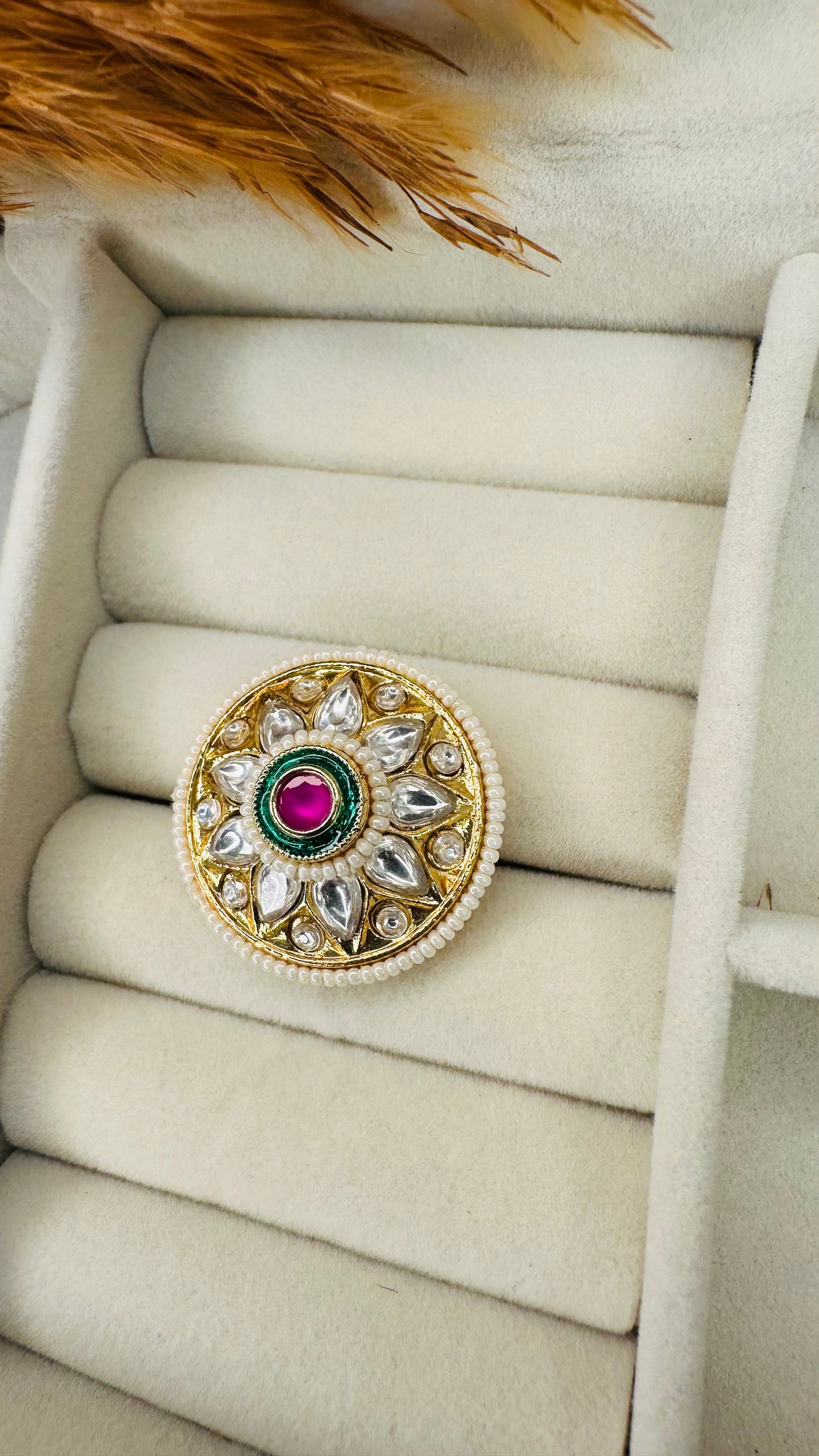 Hey Bae Round Kundan Polki Cocktail Ring – Adjustable Gold-Plated Statement Ethnic Jewelry