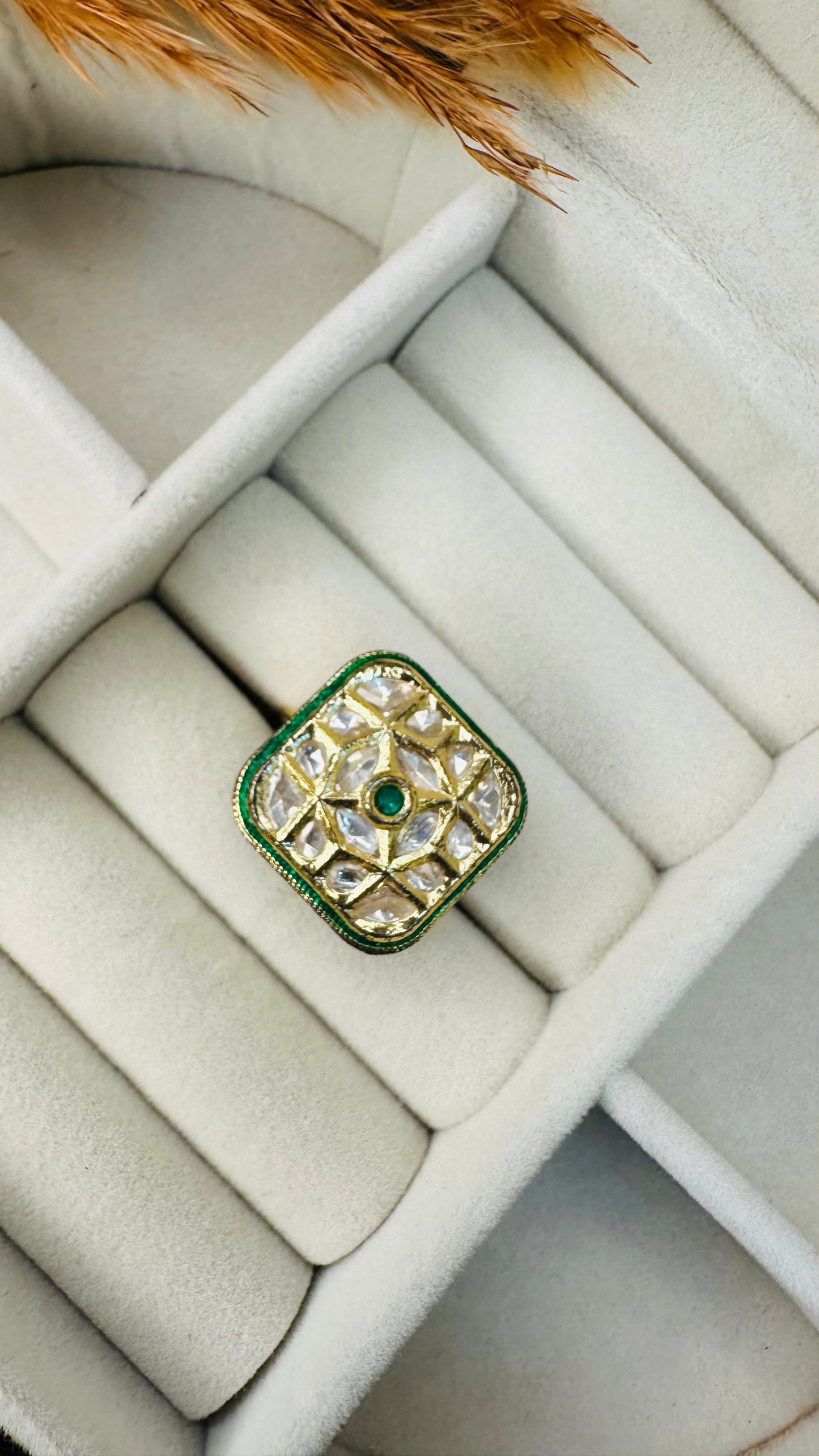 Top angle green enamel square kundan ring