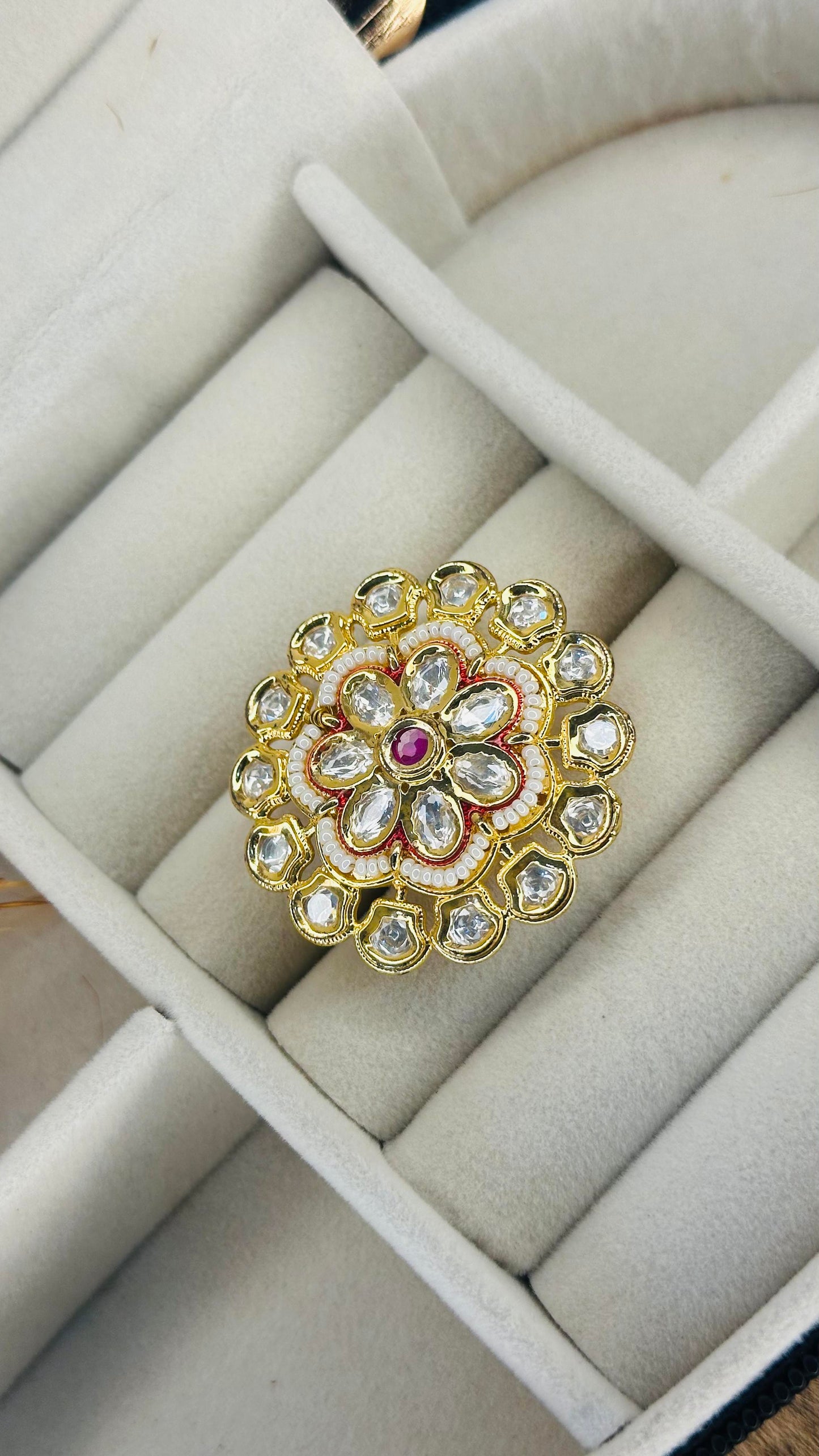 Pink stone floral kundan oversized ring