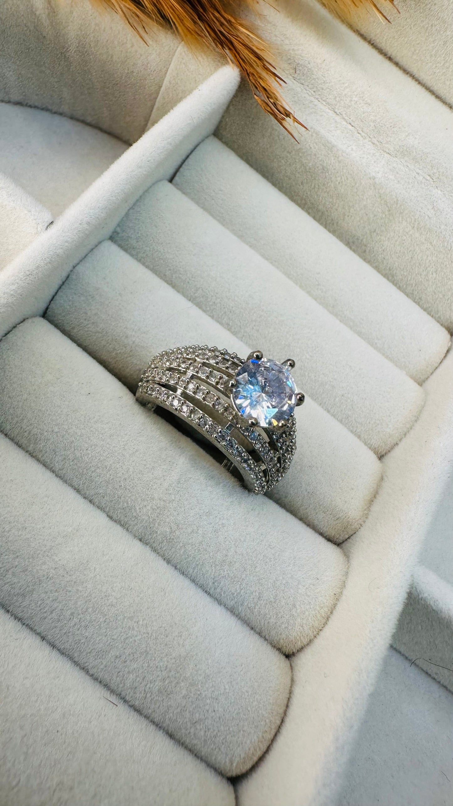 Top view round CZ solitaire multi-layer silver ring