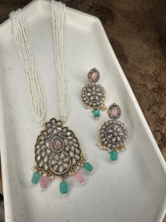 Pastel Bead Kundan Statement Pendant Set