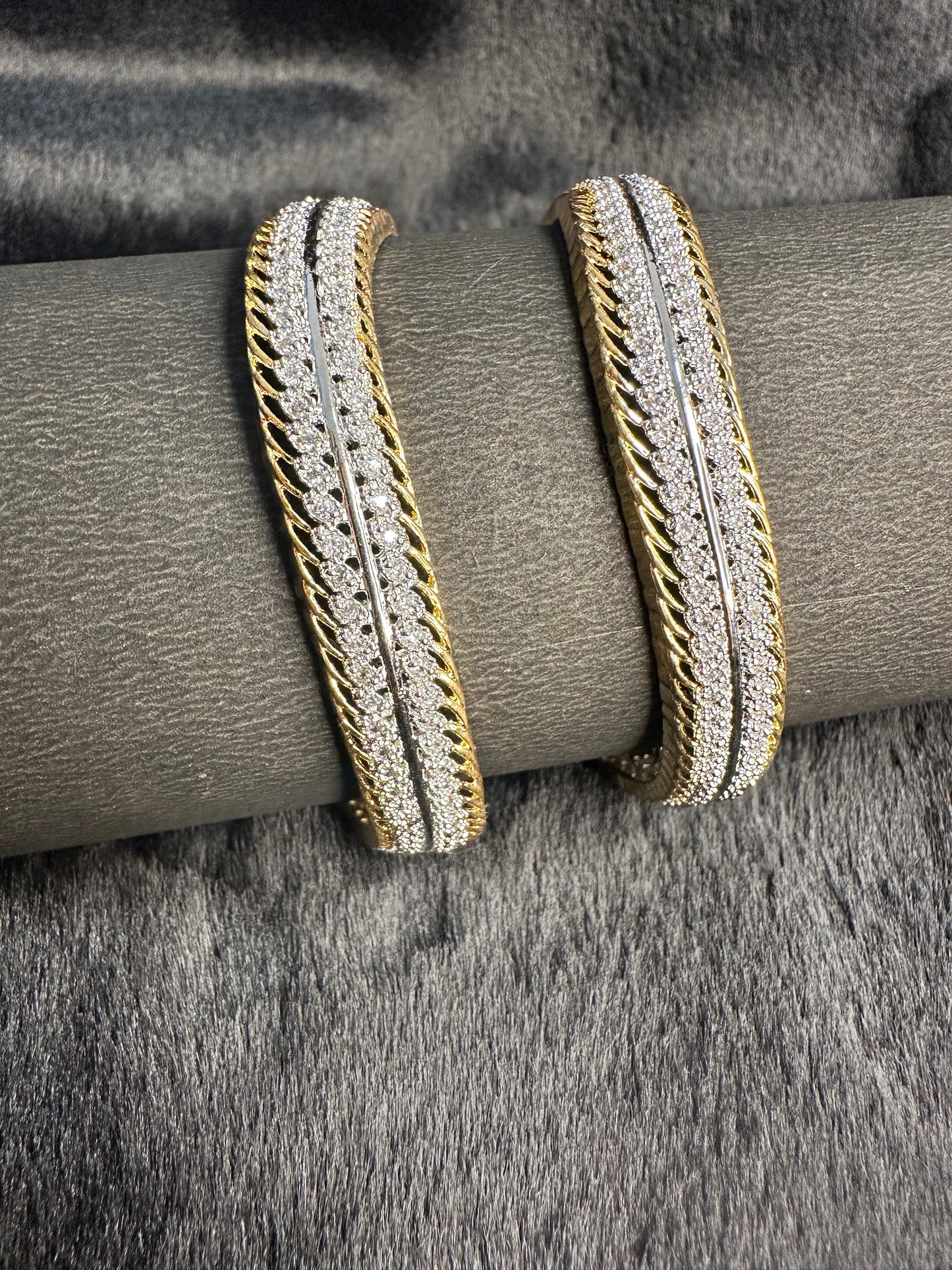 Detailed view of American Diamond stonework on HeyBae Gold AD Designer Bangles with antique finish.