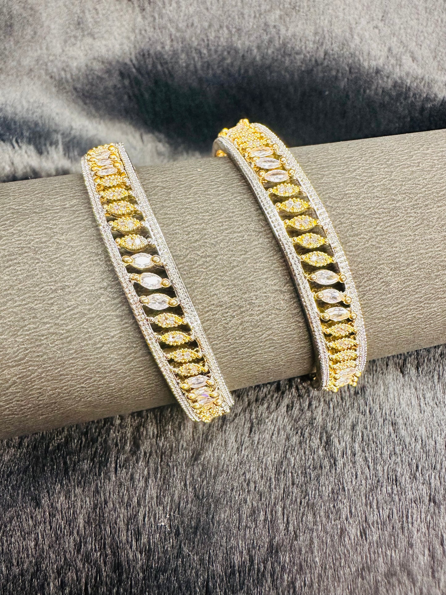 Gold AD Bangles with Leaf Design – Premium Set of 2