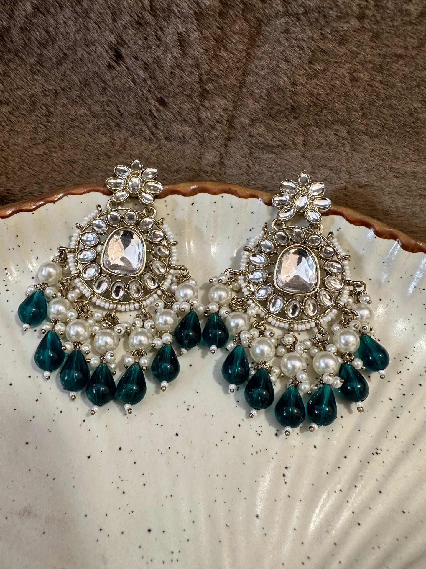 HeyBae Pearl & Green Bead Ethnic Kundan Earrings โ Lightweight