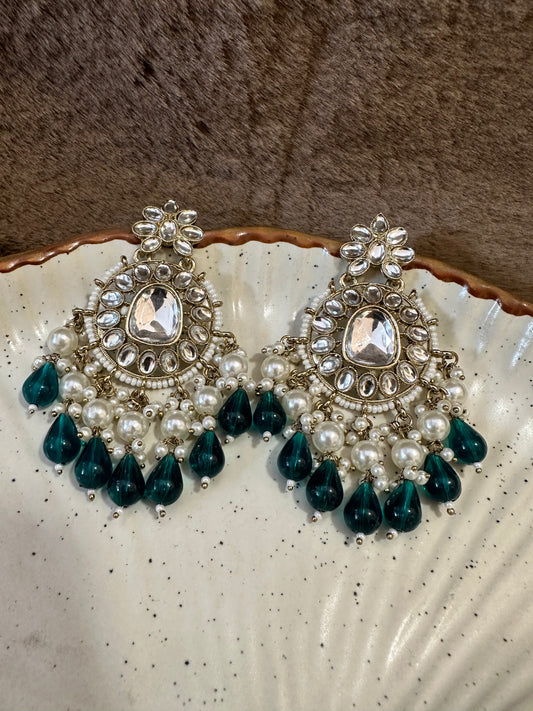 HeyBae Pearl & Green Bead Ethnic Kundan Earrings – Lightweight