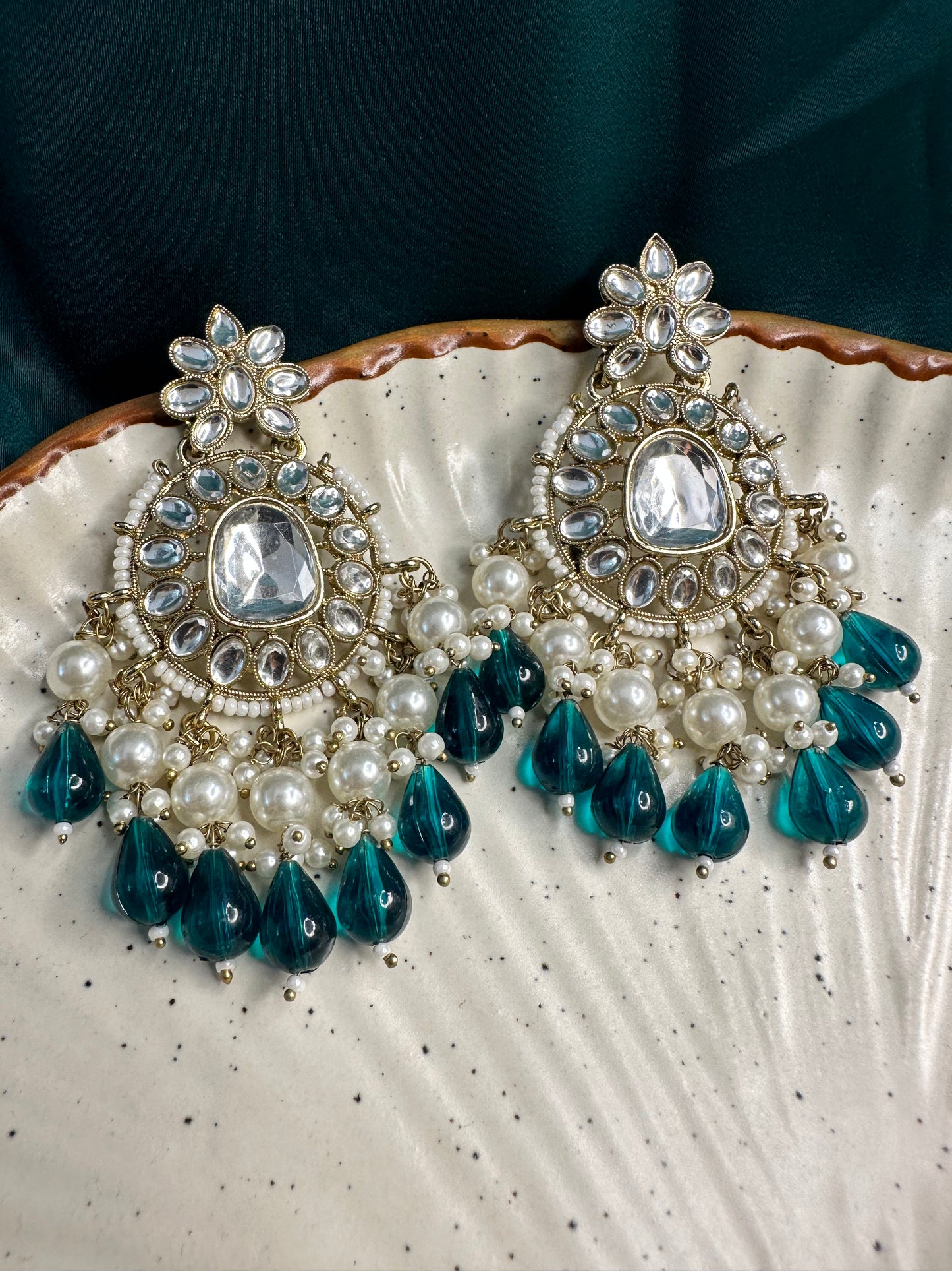 HeyBae Pearl & Green Bead Ethnic Kundan Earrings โ Lightweight