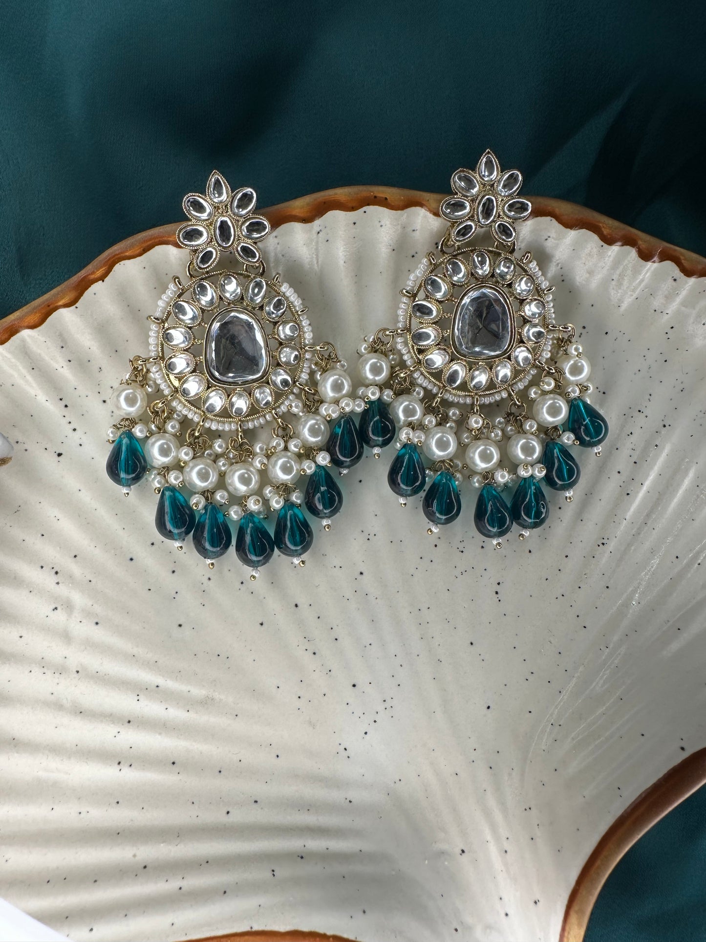 HeyBae Pearl & Green Bead Ethnic Kundan Earrings โ Lightweight