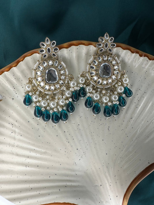 HeyBae Pearl & Green Bead Ethnic Kundan Earrings – Lightweight