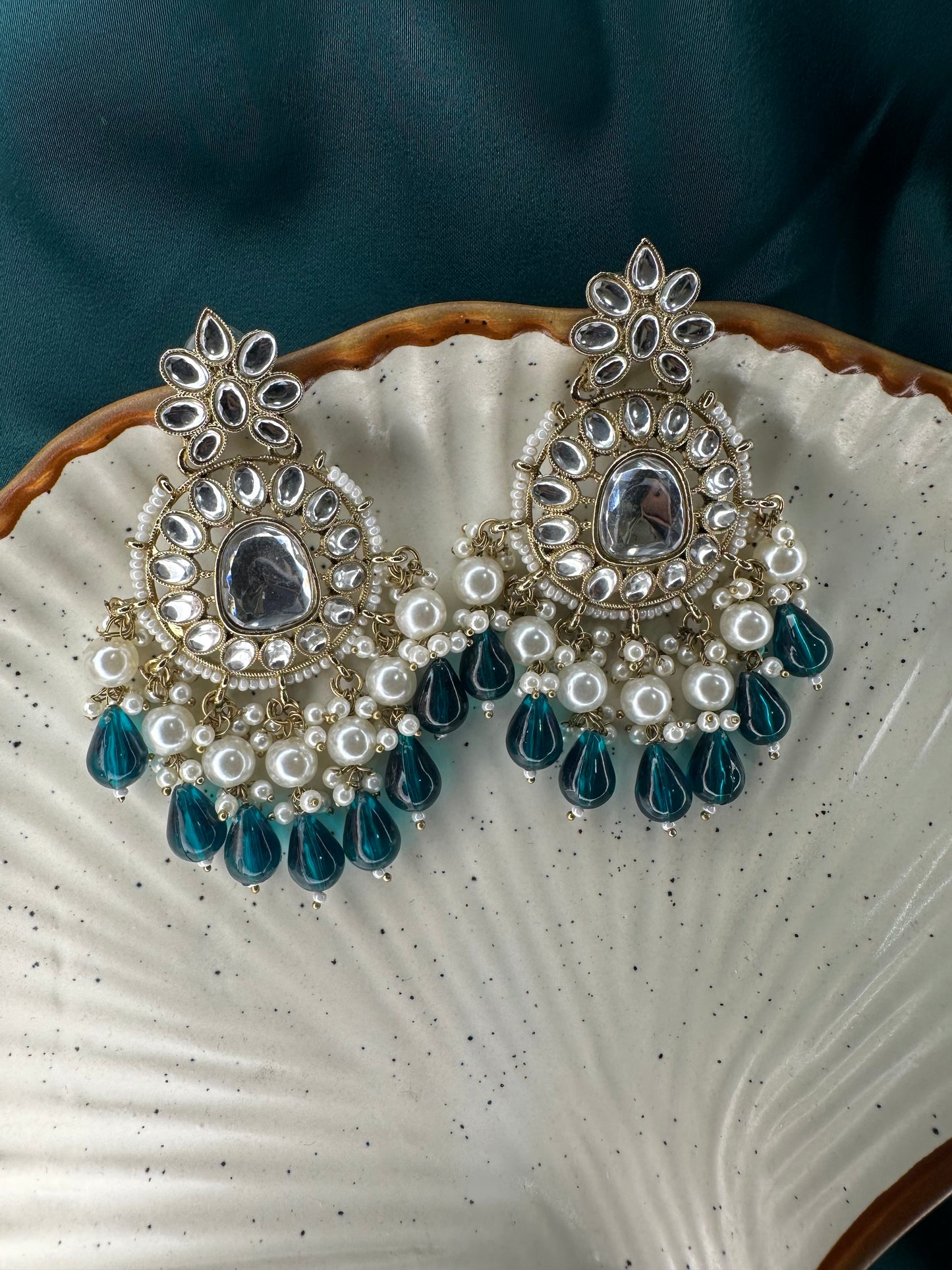 HeyBae Pearl & Green Bead Ethnic Kundan Earrings โ Lightweight