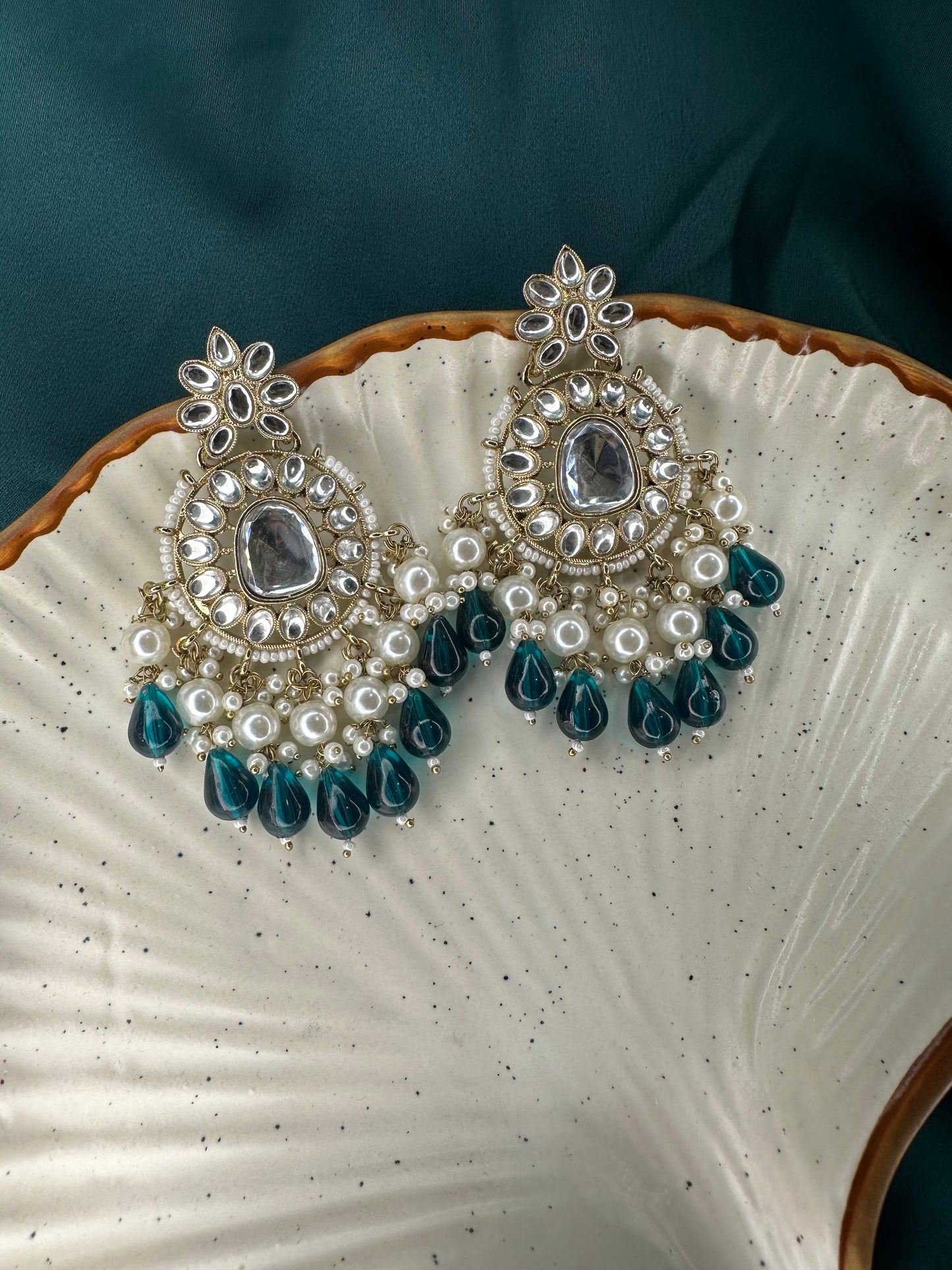 HeyBae Pearl & Green Bead Ethnic Kundan Earrings โ Lightweight