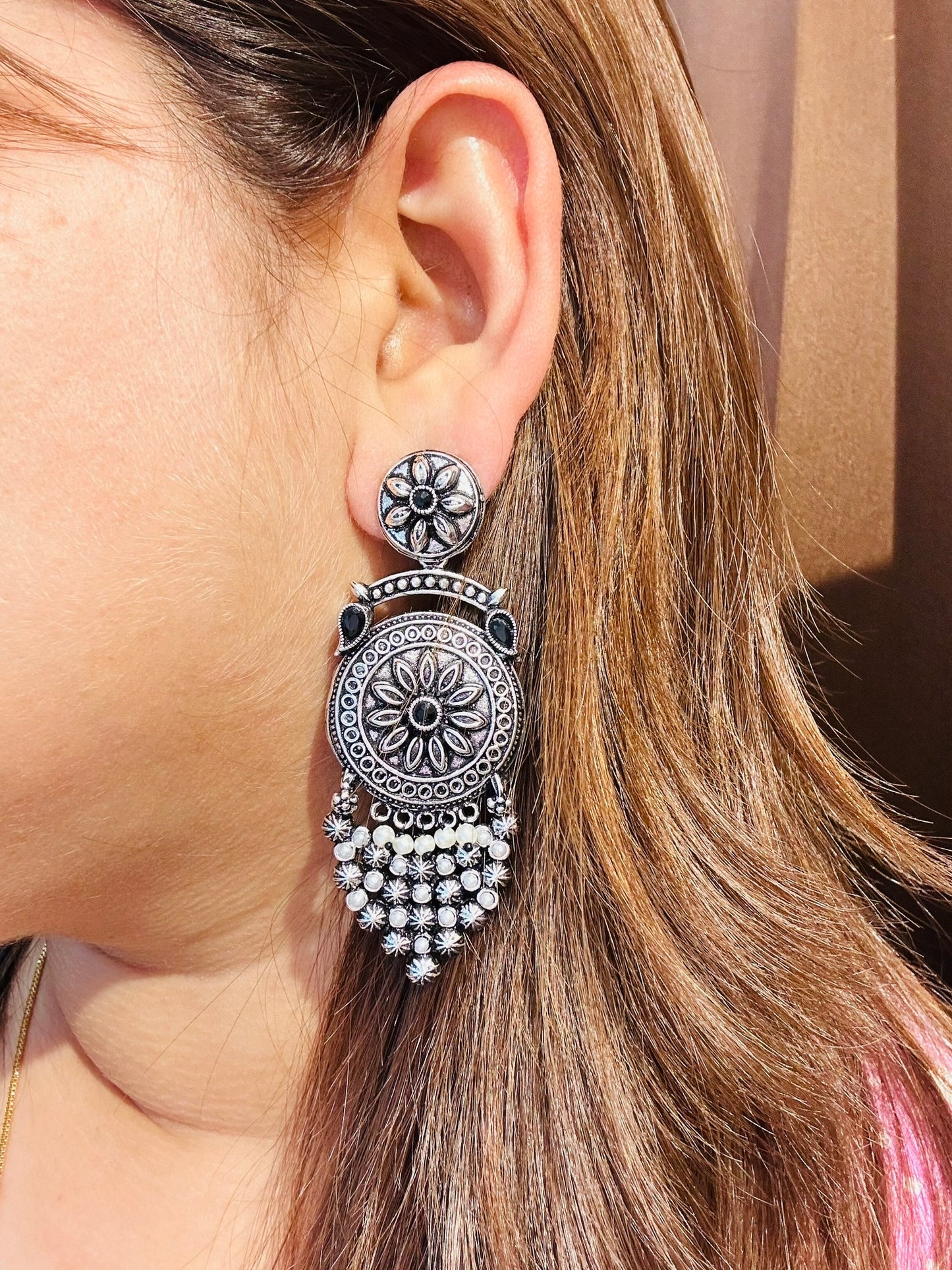 Oxidised Floral Earrings – German Silver Kundan Pearl Fringe