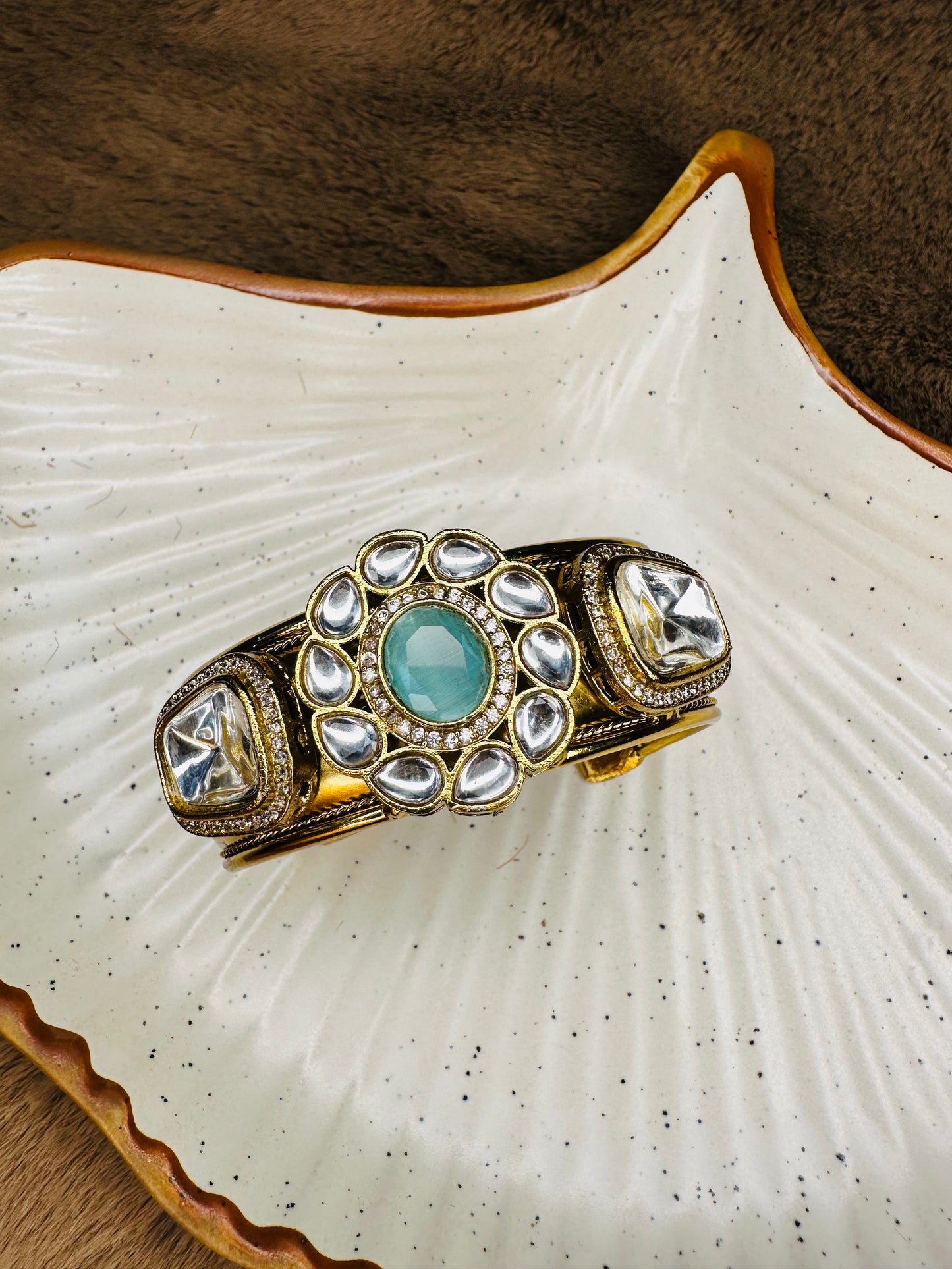 HeyBae Kundan Cuff Bracelet – Antique Gold Plated Bracelet for Ethnic Wear
