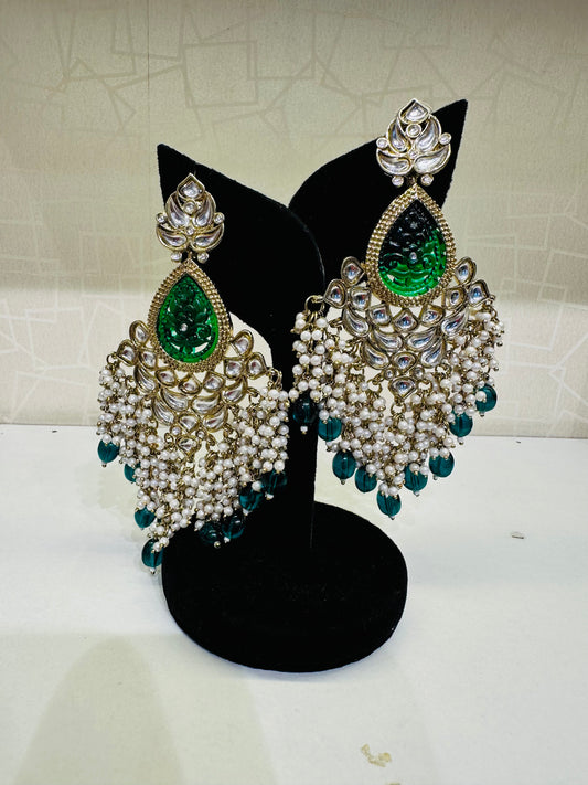 Green Stone & Pearl Bridal Earrings – Heybae Statement Jhumkas