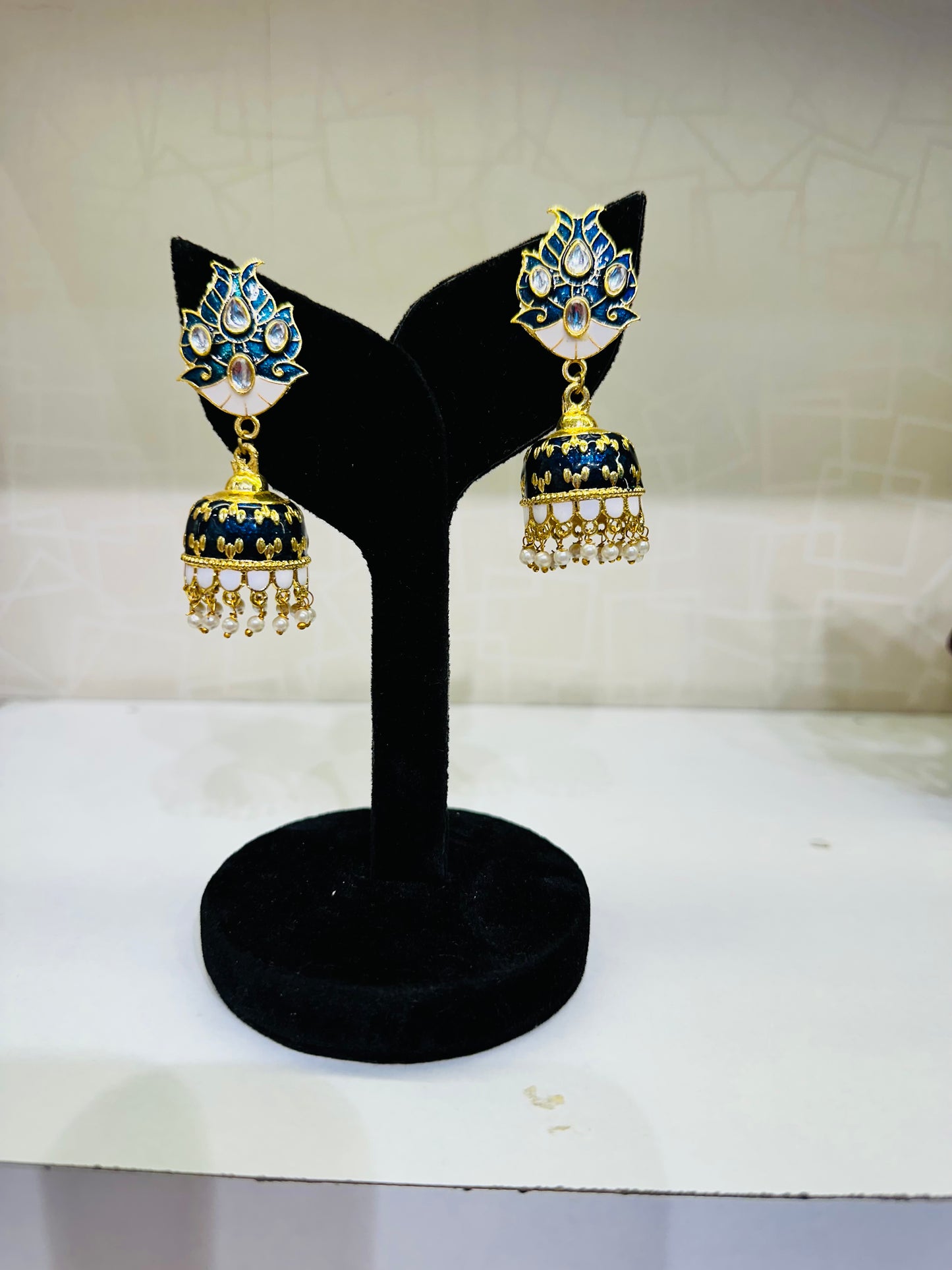 Blue Enamel Kundan Jhumka Earrings – Heybae Ethnic Jewelry