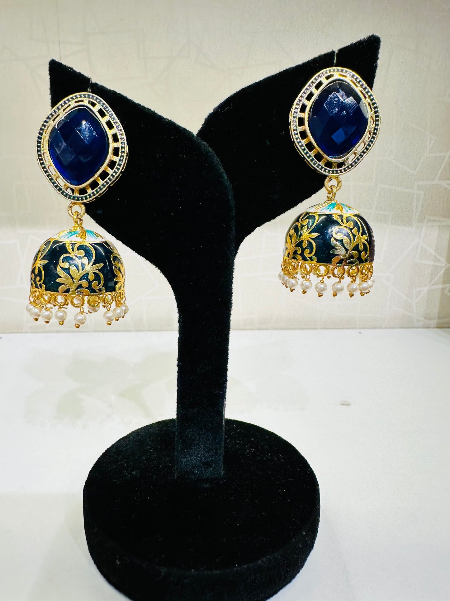 Blue Enamel Kundan Jhumka Earrings – Heybae Ethnic Jewelry