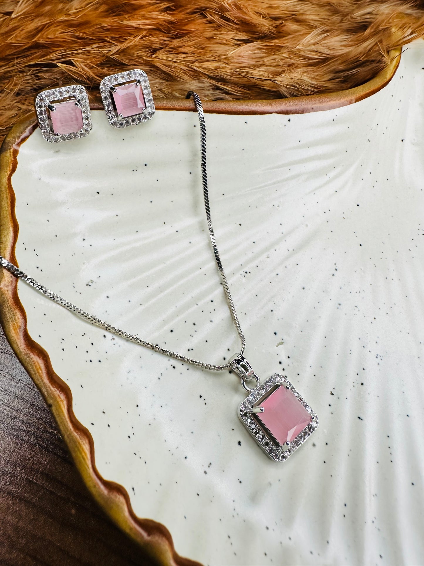 Pink Square Stone Necklace & Earrings Set – Crystal Halo Jewelry