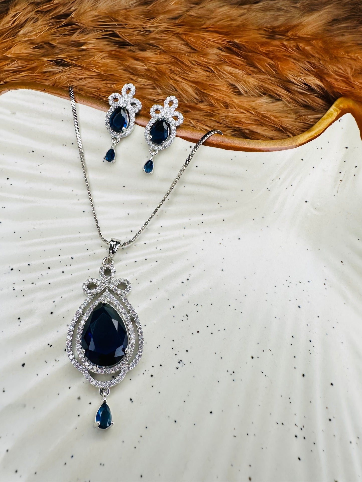 Navy Blue Stone AD Necklace & Earrings Set – Heybae Jewelry