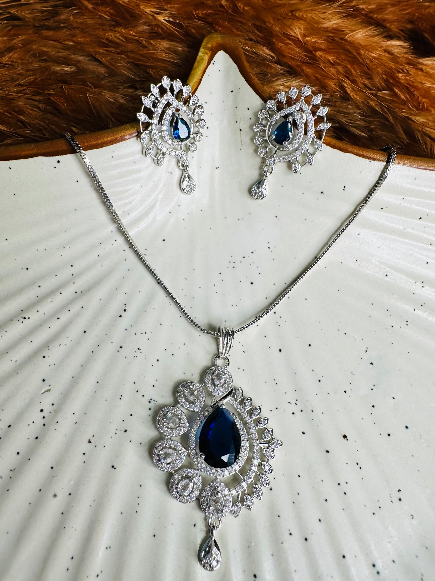 HeyBae AD Necklace Set with Blue Stones – Silver Plated