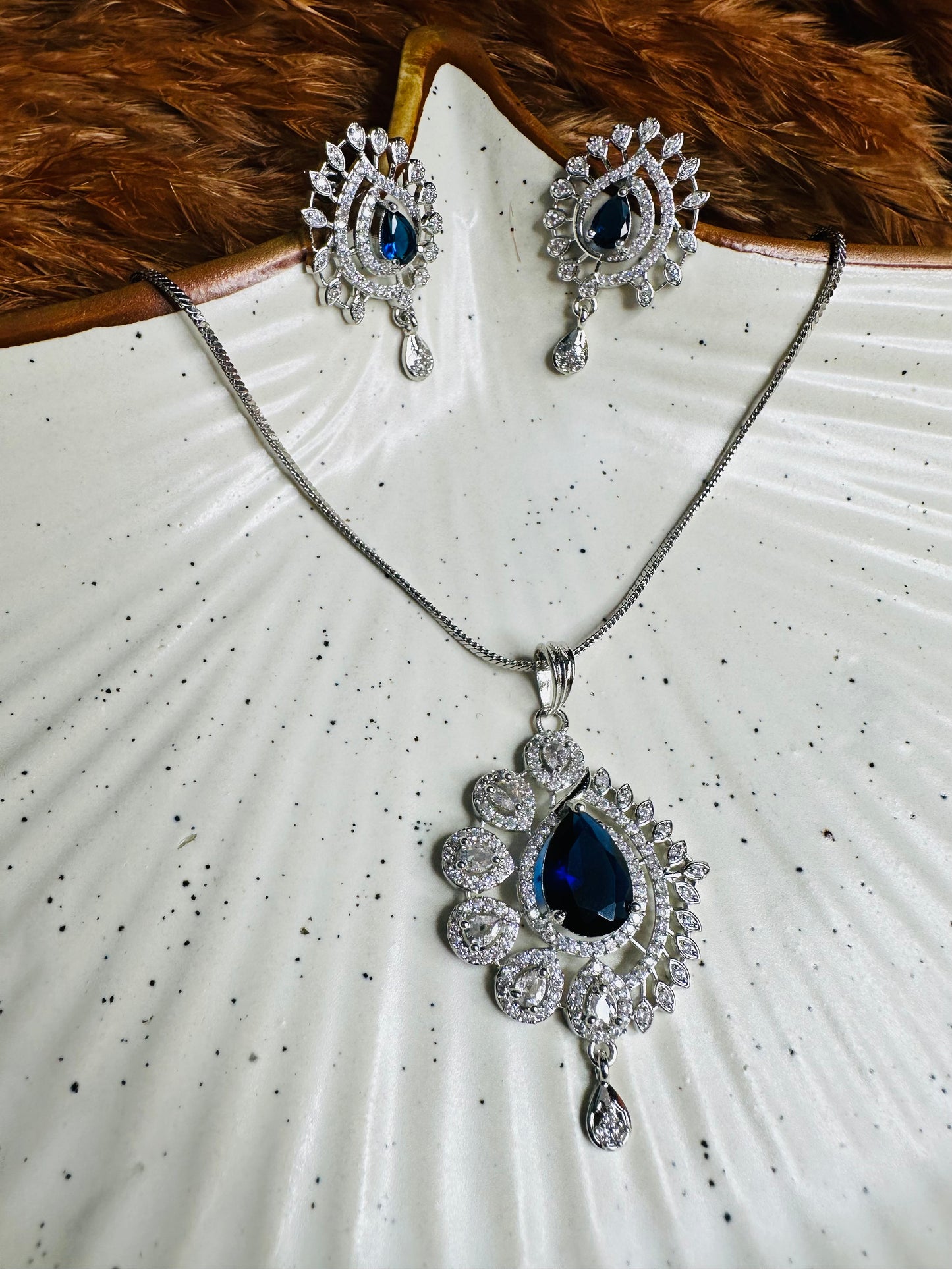 HeyBae AD Necklace Set with Blue Stones – Silver Plated