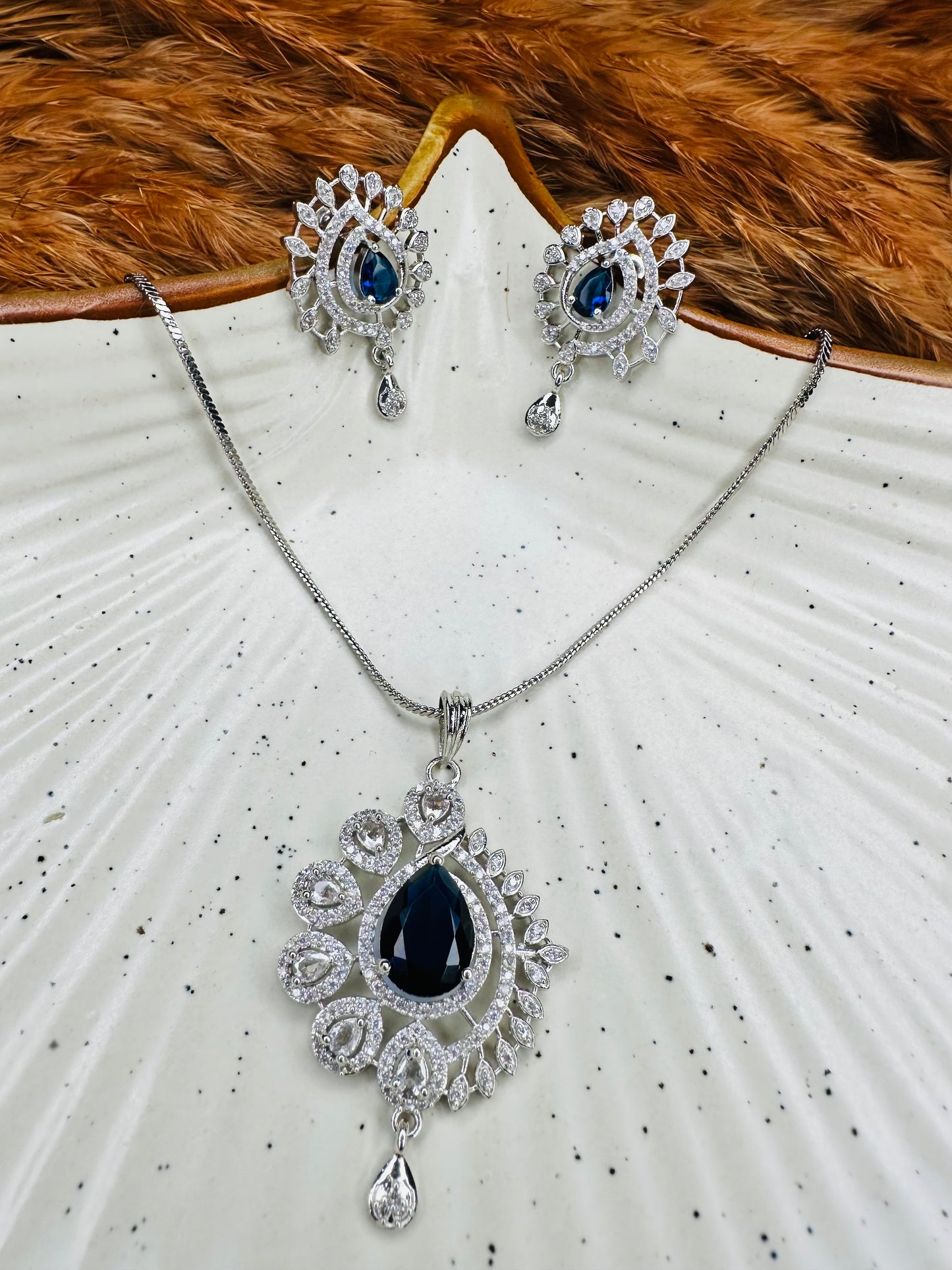 HeyBae AD Necklace Set with Blue Stones – Silver Plated