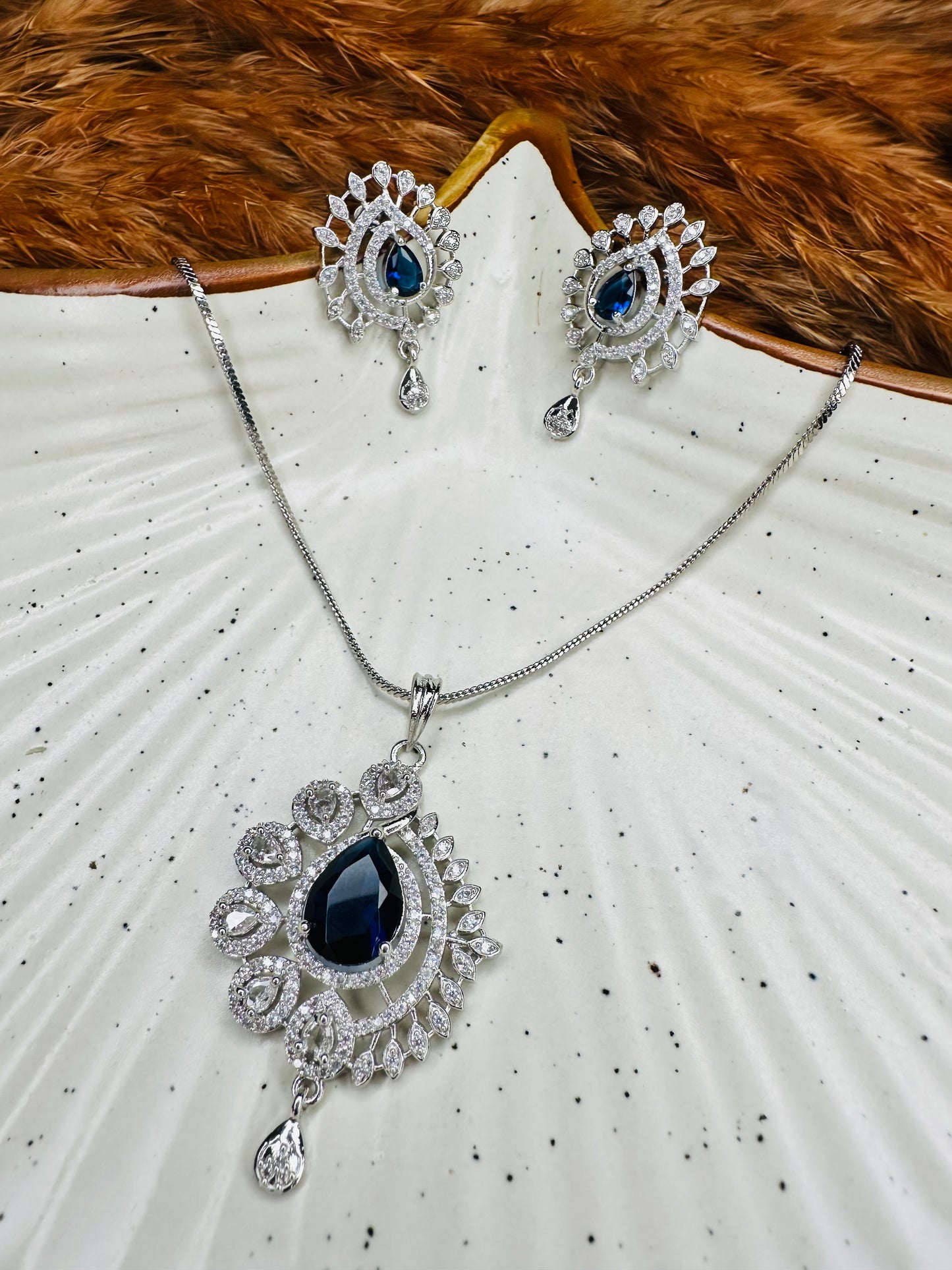 HeyBae AD Necklace Set with Blue Stones – Silver Plated