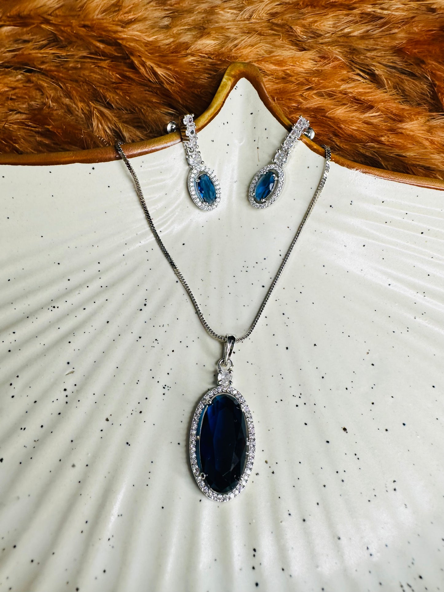 HeyBae AD Necklace & Earrings Set – Silver Plated with Blue Stones