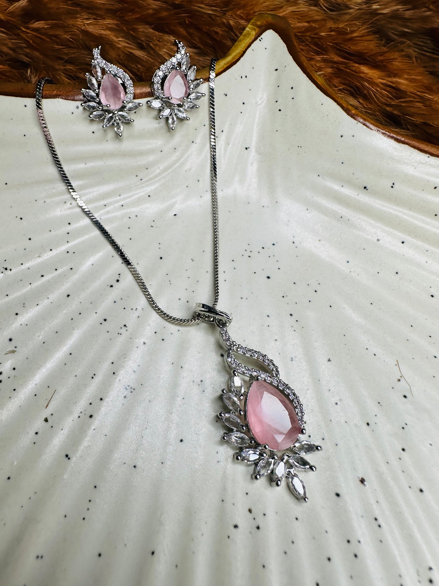 Pink Teardrop Stone Necklace & Earrings Set – Crystal Silver Jewelry