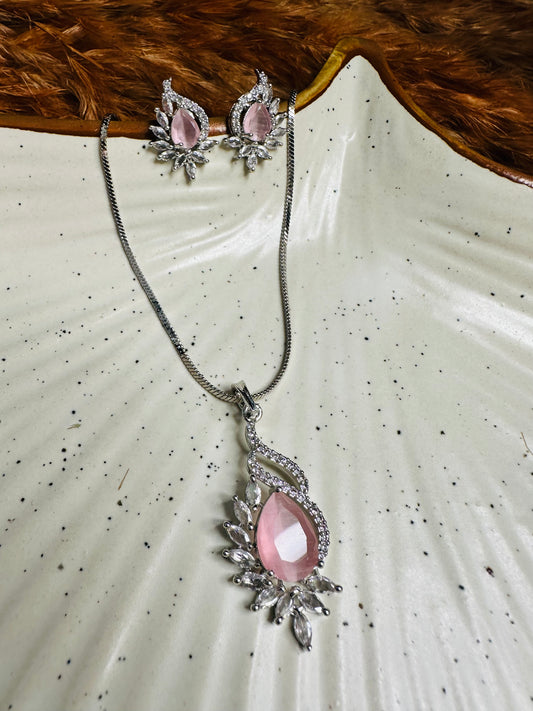 Pink Teardrop Stone Necklace & Earrings Set – Crystal Silver Jewelry