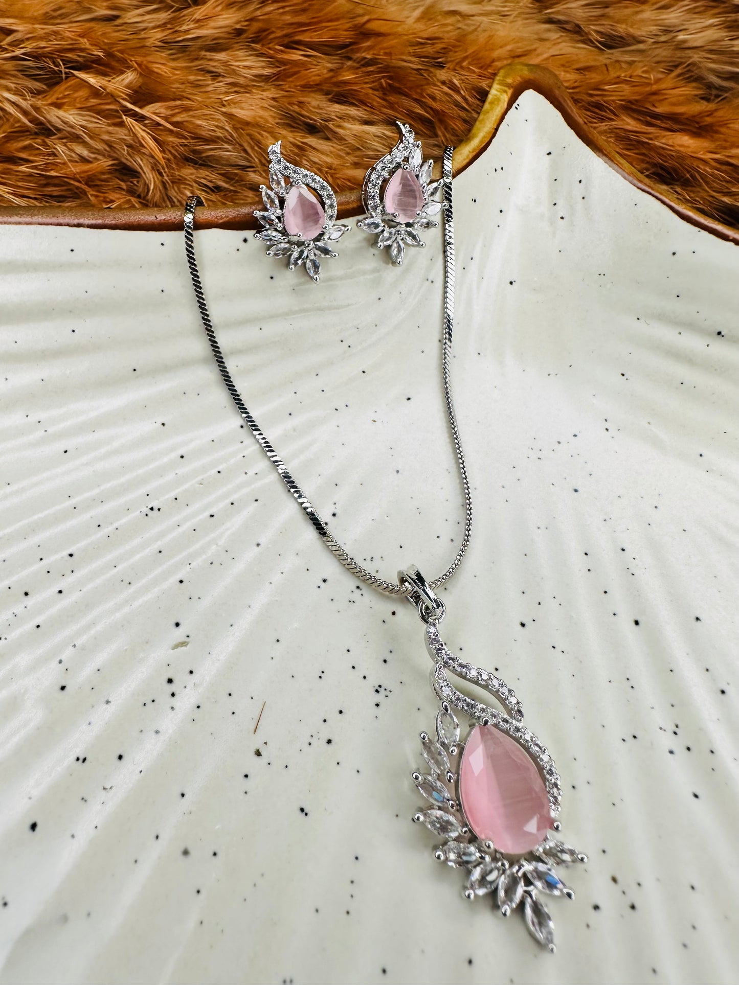 Pink Teardrop Stone Necklace & Earrings Set – Crystal Silver Jewelry