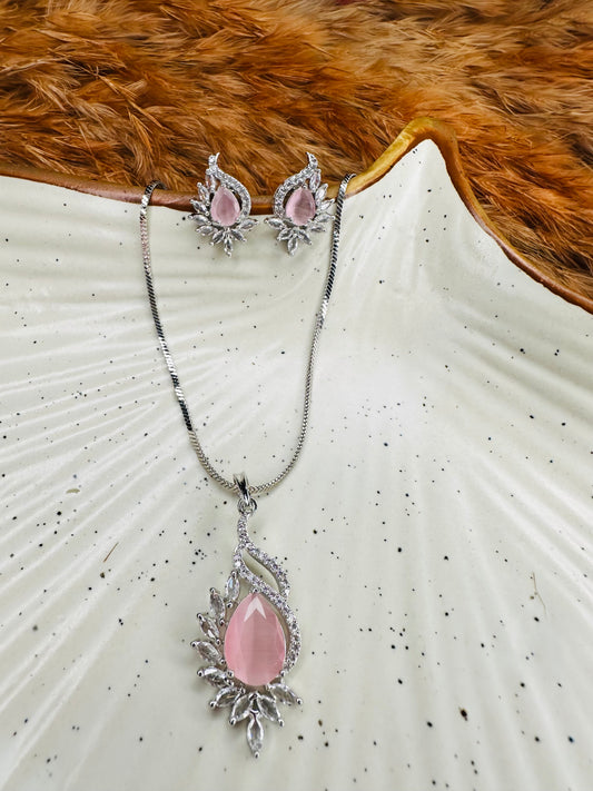 Pink Teardrop Stone Necklace & Earrings Set – Crystal Silver Jewelry