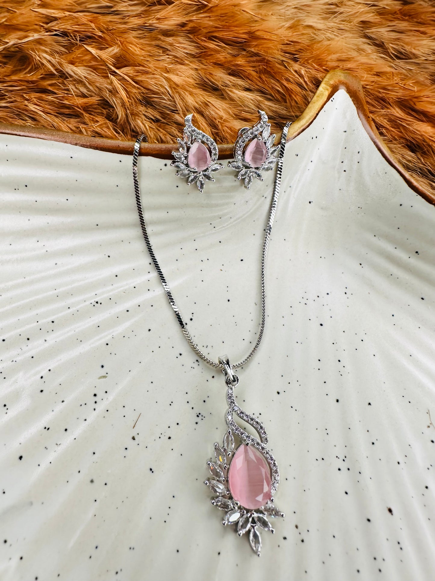 Pink Teardrop Stone Necklace & Earrings Set – Crystal Silver Jewelry