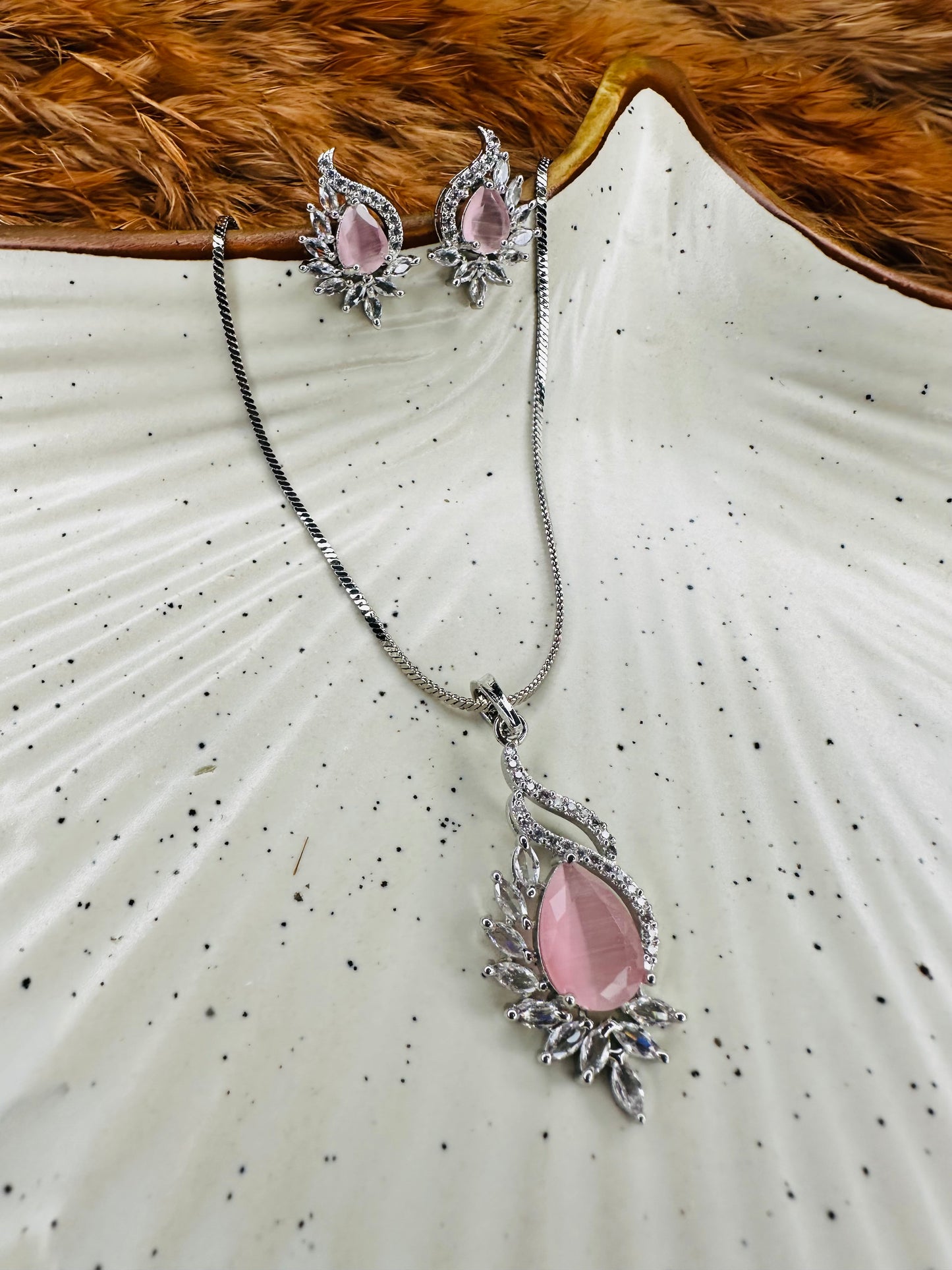Pink Teardrop Stone Necklace & Earrings Set – Crystal Silver Jewelry