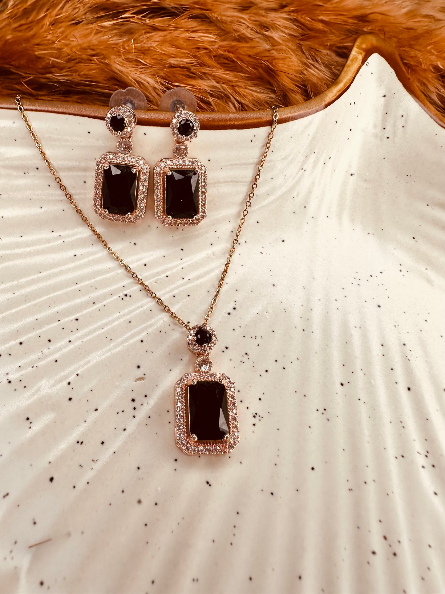 HeyBae Black AD Square Pendant & Earrings Set | Ethnic Wear