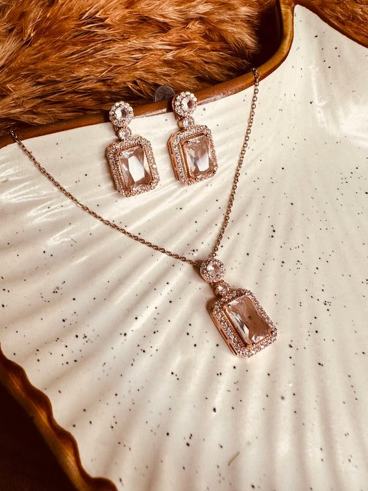 Rose Gold Rectangle Pendant Necklace Earrings Set – Heybae