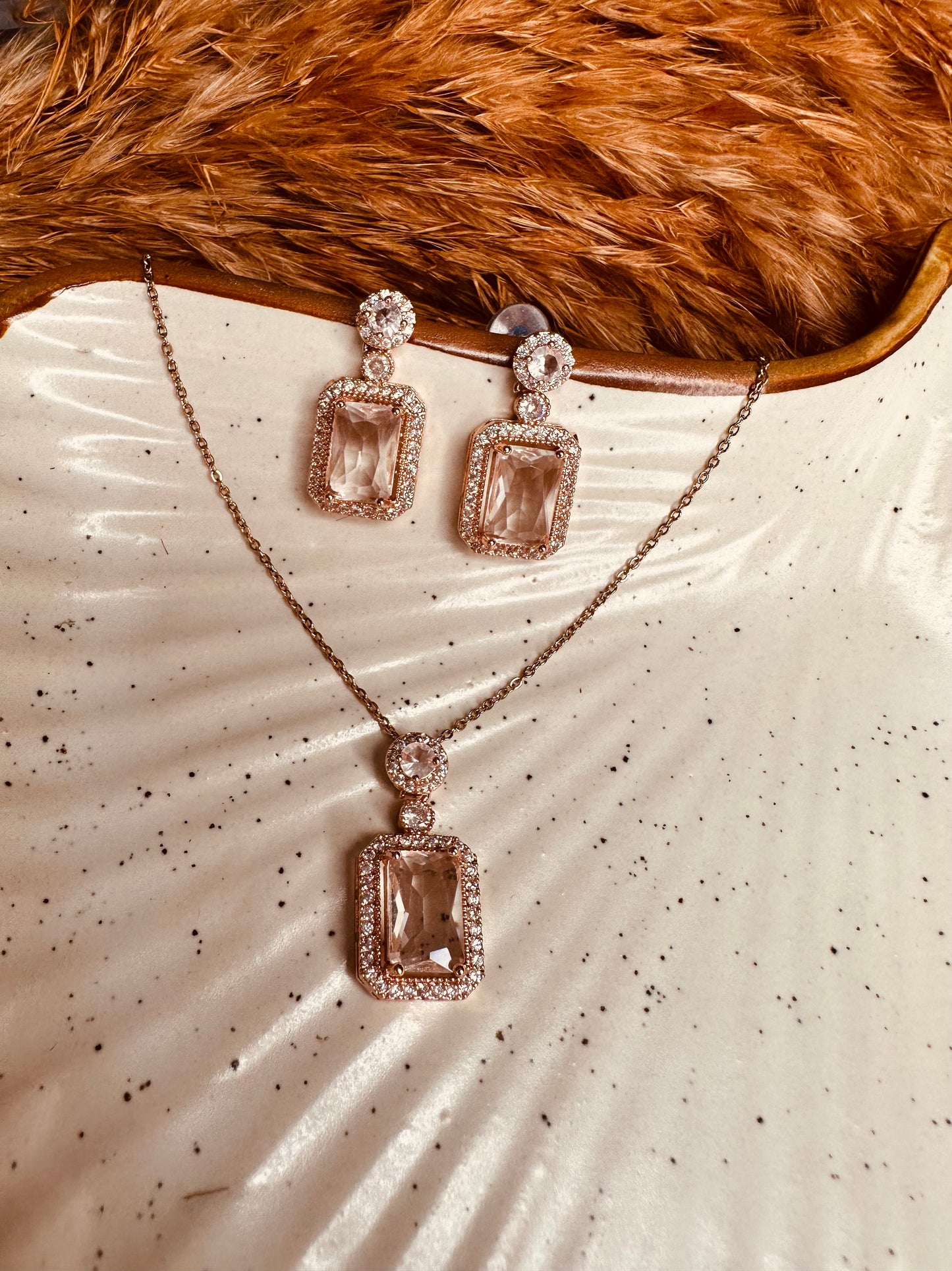Rose Gold Rectangle Pendant Necklace Earrings Set – Heybae
