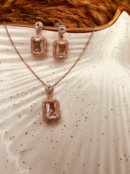Rose Gold Rectangle Pendant Necklace Earrings Set – Heybae