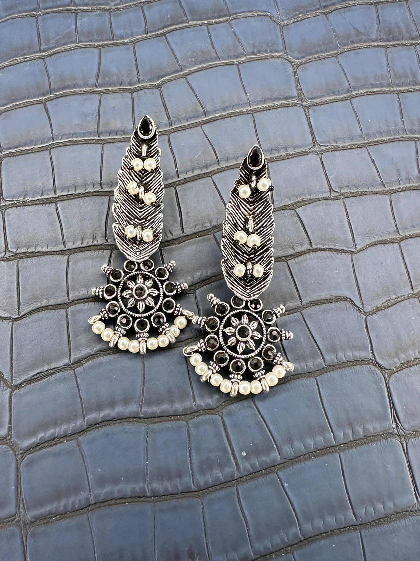Oxidised Feather Pearl Earrings – Ethnic Statement Earrings for Women