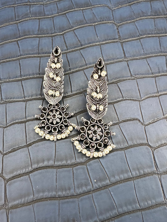 Oxidised Feather Pearl Earrings – Ethnic Statement Earrings for Women
