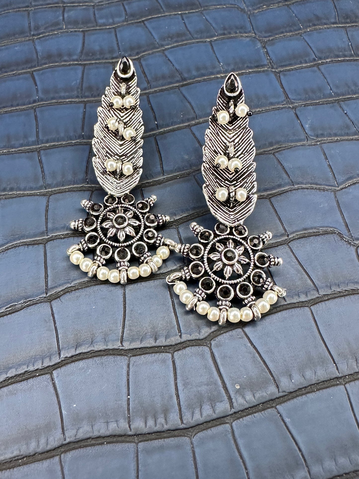 Oxidised Feather Pearl Earrings – Ethnic Statement Earrings for Women