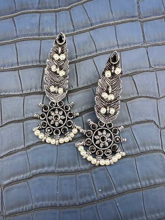 Oxidised Feather Pearl Earrings – Ethnic Statement Earrings for Women