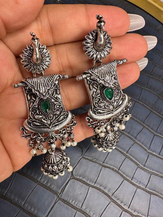 Bold Oxidised Silver Jhumka Earrings – Pearl Drop Statement
