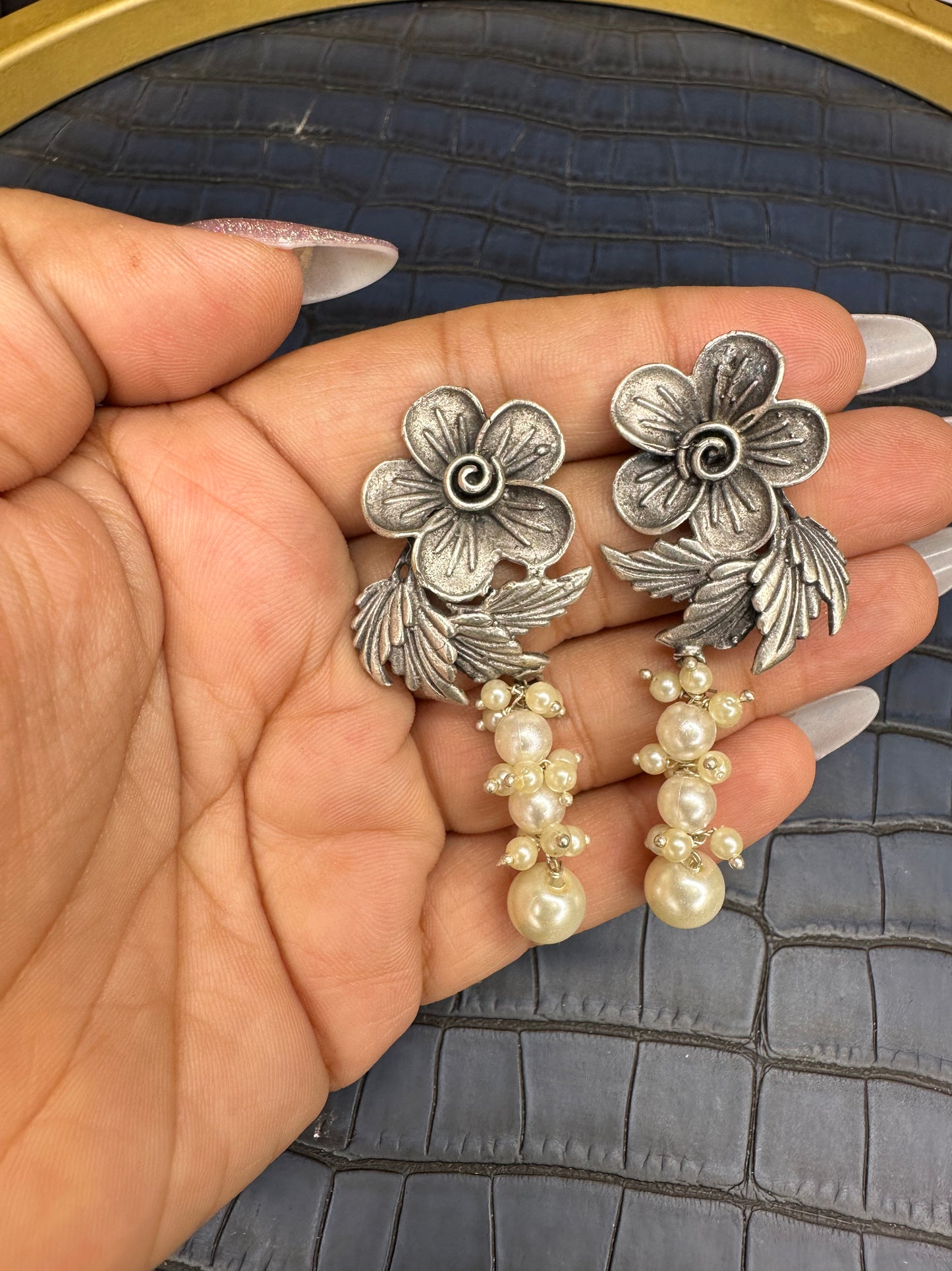 Floral Oxidised Silver Drop Earrings – German Silver Pearl Statement
