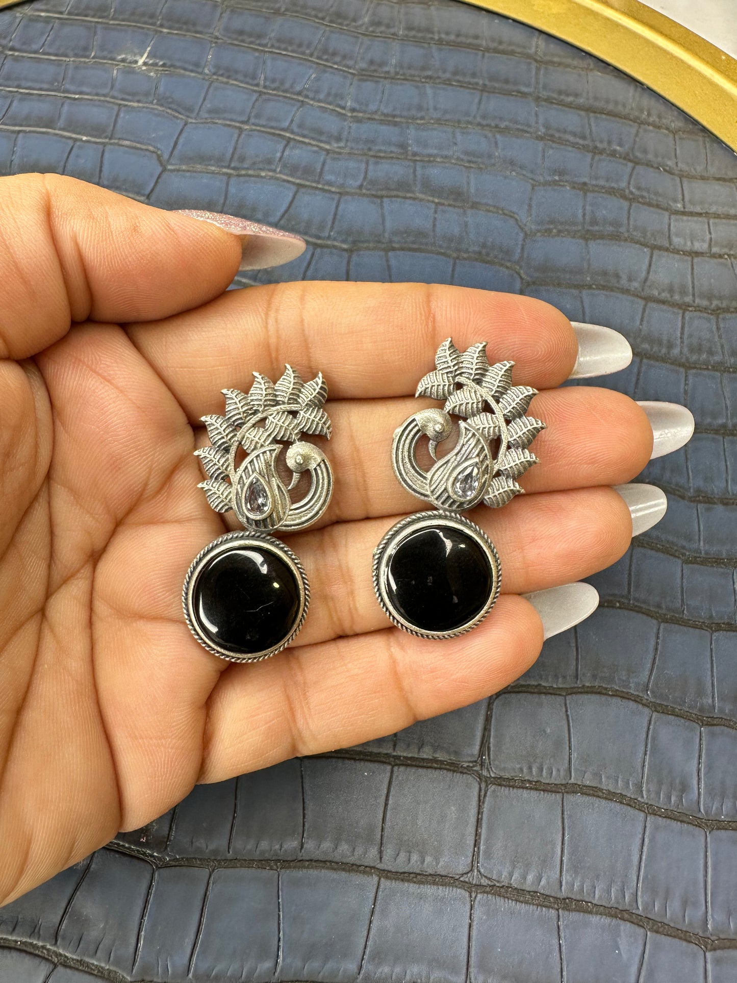 Oxidised Black Stone Stud Earrings – German Silver Statement Studs
