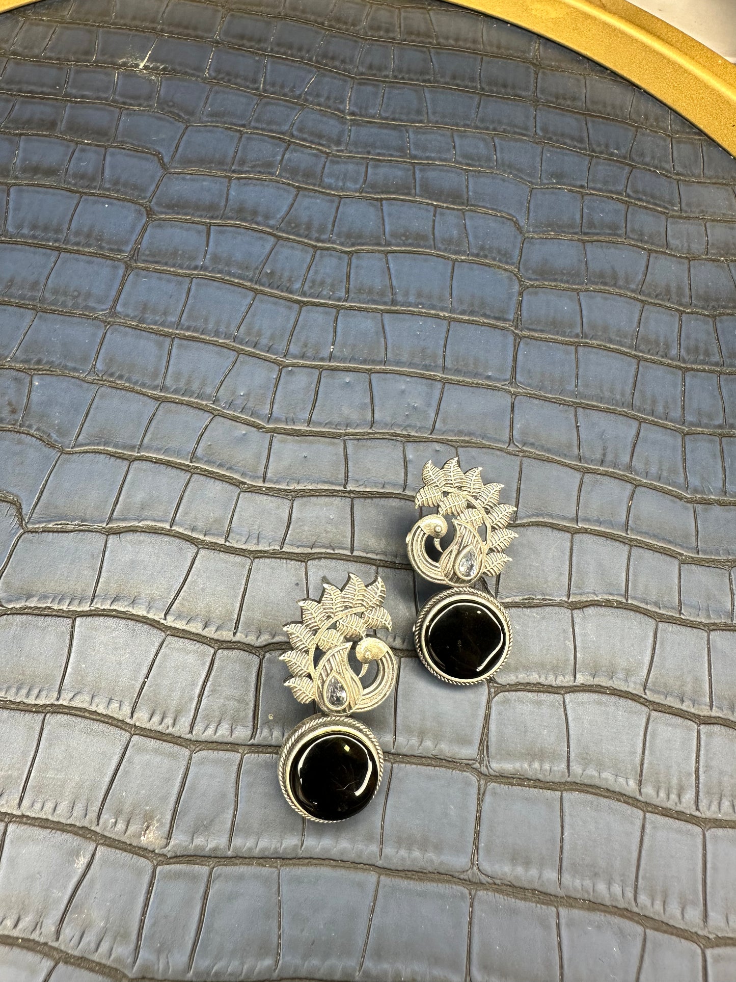 Oxidised Black Stone Stud Earrings – German Silver Statement Studs